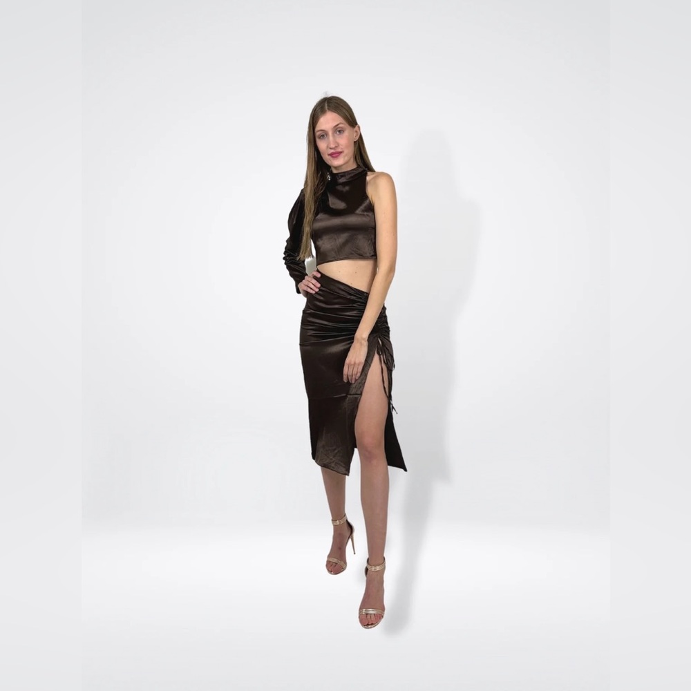 Satin Brown Drawstring Midi Skirt & Top Set - Picture 5 of 6